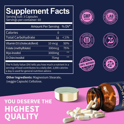 Totaria Inositol Komplex für Frauen mit Vitamin D3, Folsäure, 40:1 Myo-Inositol & D-Chiro Inositol, 180 Kapseln, 60 Portionen, 2 Monate Vorrat