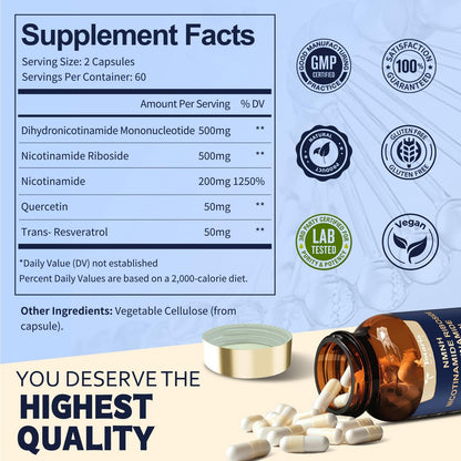 Totaria NMNH 500mg – Premium NMN-Alternative mit Niacinamid, Quercetin & Trans-Resveratrol für NAD+, Anti-Aging & Energie, 120 Kapseln