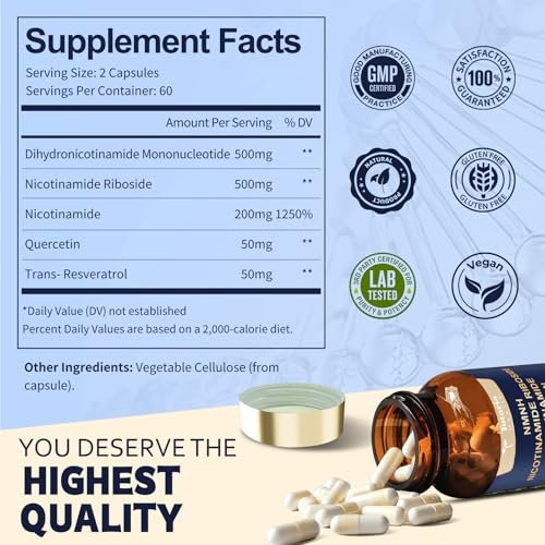 Totaria NMNH 500mg – Premium NMN-Alternative mit Niacinamid, Quercetin & Trans-Resveratrol für NAD+, Anti-Aging & Energie, 120 Kapseln