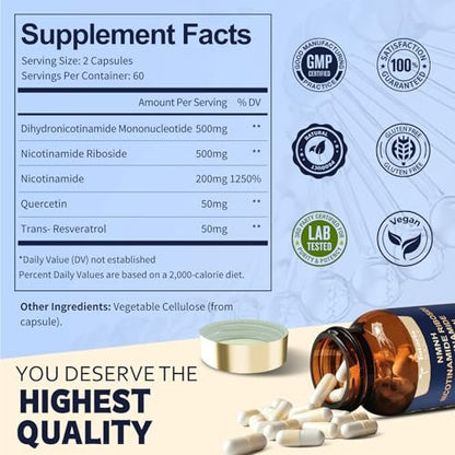 Totaria NMNH 500mg – Premium NMN-Alternative mit Niacinamid, Quercetin & Trans-Resveratrol für NAD+, Anti-Aging & Energie, 120 Kapseln