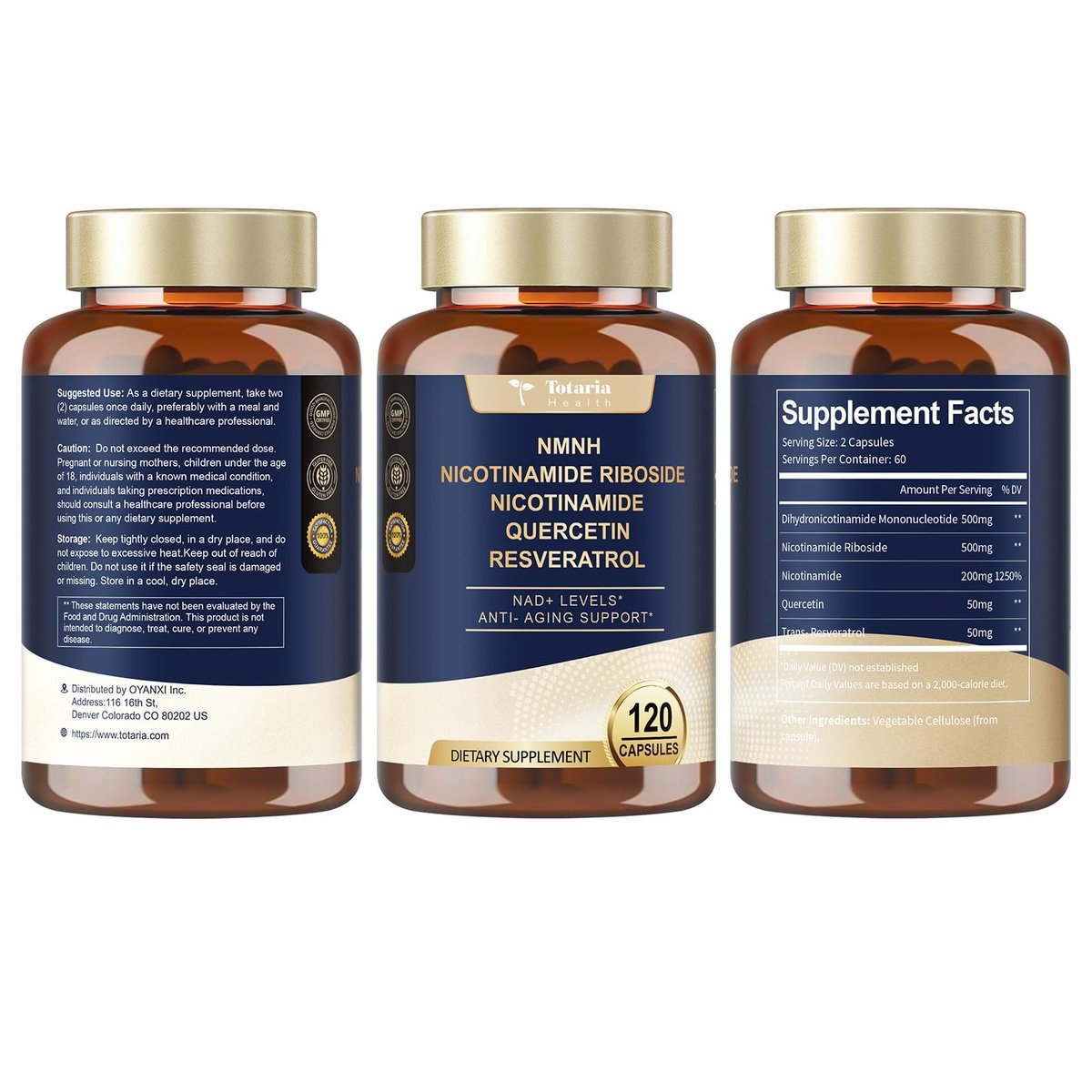 Totaria NMNH 500mg – Premium NMN-Alternative mit Niacinamid, Quercetin & Trans-Resveratrol für NAD+, Anti-Aging & Energie, 120 Kapseln