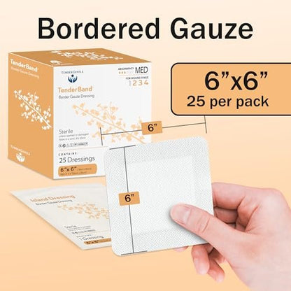 TenderGentle Bordered Gauze Island Dressing 6x6 Zoll – 25 Stück, groß, zur Wundversorgung, für Krankenhäuser, medizinische Einrichtungen, Erste-Hilfe-Sets und mehr