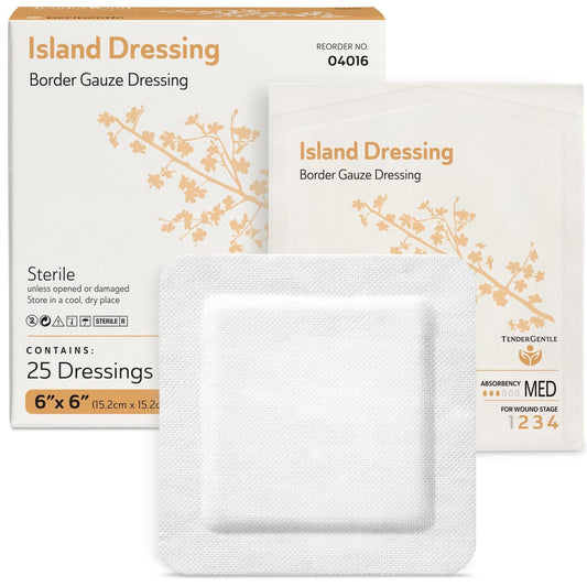 TenderGentle Bordered Gauze Island Dressing 6x6 Zoll – 25 Stück, groß, zur Wundversorgung, für Krankenhäuser, medizinische Einrichtungen, Erste-Hilfe-Sets und mehr
