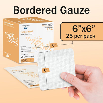TenderGentle Bordered Gauze Island Dressing 6x6 Zoll – 25 Stück, groß, zur Wundversorgung, für Krankenhäuser, medizinische Einrichtungen, Erste-Hilfe-Sets und mehr