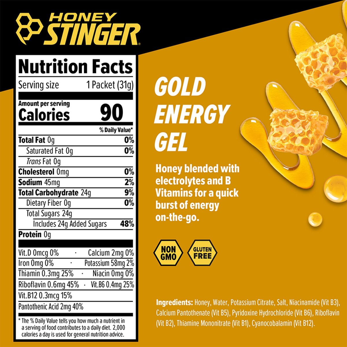 Honey Stinger Gold Energy Gel – Glutenfrei & Koffeinfrei – 12er-Pack, 13,2 Unzen – Ideale Sporternährung für Ausdauer, Laufen und Fitness