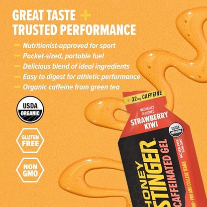 Honey Stinger Organic Strawberry Kiwi Energy Gel, koffeinhaltig & glutenfrei, für Sport, Laufen und Leistung, Sporternährung für Zuhause & Fitnessstudio, vor und während dem Training, 12er Pack, 13,2 Unzen