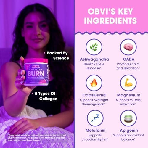 Obvi Collagenic Burn PM | Nächtliche Kollagenpeptide für Schlaf & Erholung | 5 Kollagentypen + Ashwagandha, GABA & Melatonin | CapsiBurn Stoffwechselunterstützung | 90 Kapseln | Hergestellt in den USA