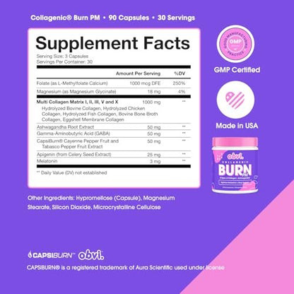Obvi Collagenic Burn PM | Nächtliche Kollagenpeptide für Schlaf & Erholung | 5 Kollagentypen + Ashwagandha, GABA & Melatonin | CapsiBurn Stoffwechselunterstützung | 90 Kapseln | Hergestellt in den USA