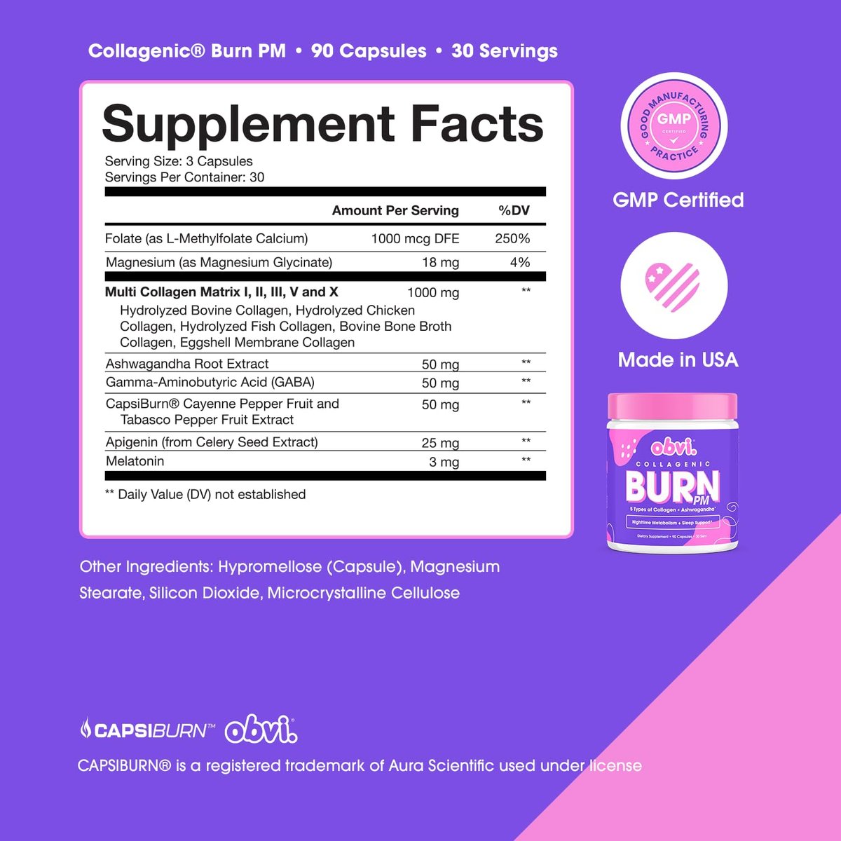 Obvi Collagenic Burn PM | Nächtliche Kollagenpeptide für Schlaf & Erholung | 5 Kollagentypen + Ashwagandha, GABA & Melatonin | CapsiBurn Stoffwechselunterstützung | 90 Kapseln | Hergestellt in den USA