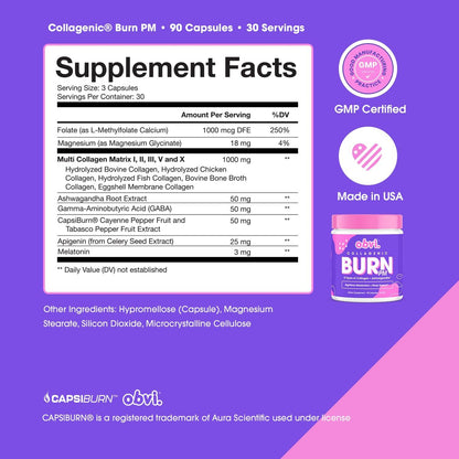 Obvi Collagenic Burn PM | Nächtliche Kollagenpeptide für Schlaf & Erholung | 5 Kollagentypen + Ashwagandha, GABA & Melatonin | CapsiBurn Stoffwechselunterstützung | 90 Kapseln | Hergestellt in den USA