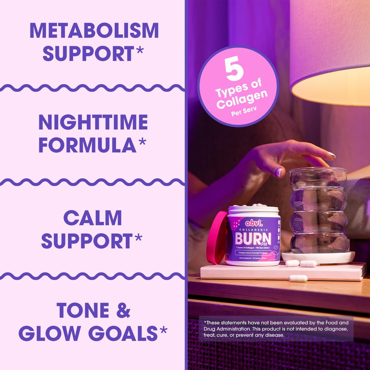 Obvi Collagenic Burn PM | Nächtliche Kollagenpeptide für Schlaf & Erholung | 5 Kollagentypen + Ashwagandha, GABA & Melatonin | CapsiBurn Stoffwechselunterstützung | 90 Kapseln | Hergestellt in den USA