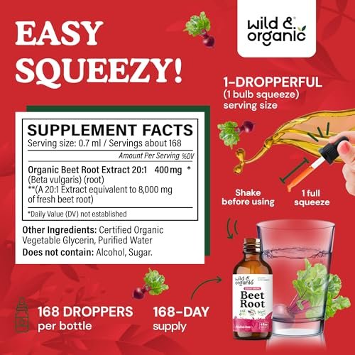 Wild & Organic Rote Bete Extrakt Tropfen - Energieunterstützung - Flüssige Rote Bete Nahrungsergänzung - 400 mg pro Portion - Mischbar mit Pulver - Vegan, Zucker- & Alkoholfrei - 118 ml