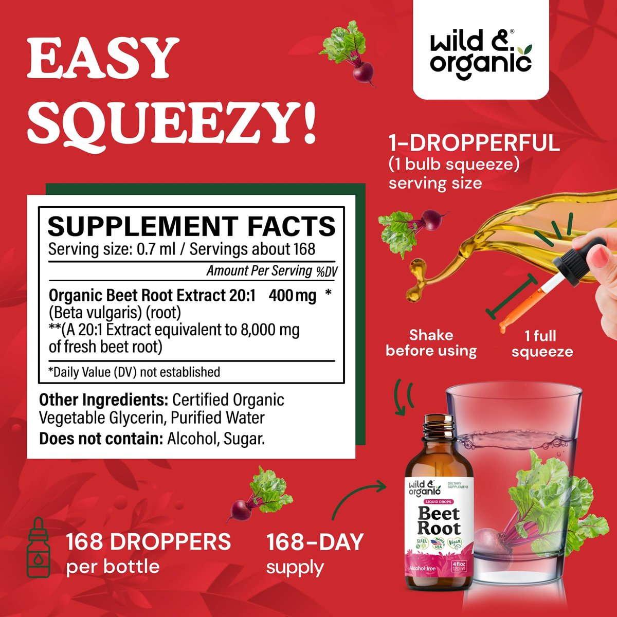 Wild & Organic Rote Bete Extrakt Tropfen - Energieunterstützung - Flüssige Rote Bete Nahrungsergänzung - 400 mg pro Portion - Mischbar mit Pulver - Vegan, Zucker- & Alkoholfrei - 118 ml