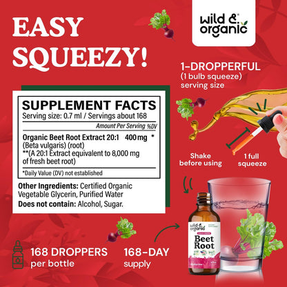 Wild & Organic Rote Bete Extrakt Tropfen - Energieunterstützung - Flüssige Rote Bete Nahrungsergänzung - 400 mg pro Portion - Mischbar mit Pulver - Vegan, Zucker- & Alkoholfrei - 118 ml