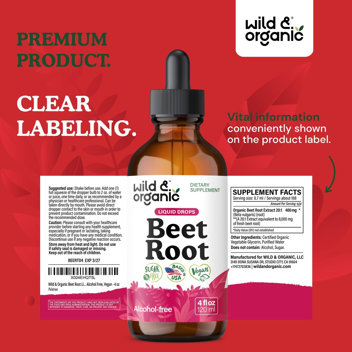 Wild & Organic Rote Bete Extrakt Tropfen - Energieunterstützung - Flüssige Rote Bete Nahrungsergänzung - 400 mg pro Portion - Mischbar mit Pulver - Vegan, Zucker- & Alkoholfrei - 118 ml