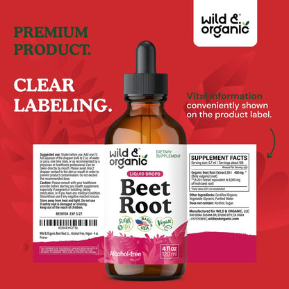 Wild & Organic Rote Bete Extrakt Tropfen - Energieunterstützung - Flüssige Rote Bete Nahrungsergänzung - 400 mg pro Portion - Mischbar mit Pulver - Vegan, Zucker- & Alkoholfrei - 118 ml