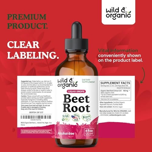 Wild & Organic Rote Bete Extrakt Tropfen - Energieunterstützung - Flüssige Rote Bete Nahrungsergänzung - 400 mg pro Portion - Mischbar mit Pulver - Vegan, Zucker- & Alkoholfrei - 118 ml