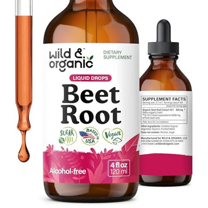 Wild & Organic Rote Bete Extrakt Tropfen - Energieunterstützung - Flüssige Rote Bete Nahrungsergänzung - 400 mg pro Portion - Mischbar mit Pulver - Vegan, Zucker- & Alkoholfrei - 118 ml