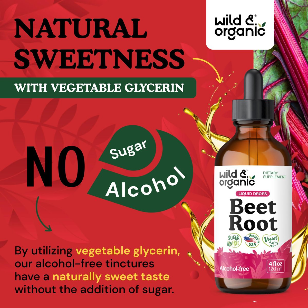 Wild & Organic Rote Bete Extrakt Tropfen - Energieunterstützung - Flüssige Rote Bete Nahrungsergänzung - 400 mg pro Portion - Mischbar mit Pulver - Vegan, Zucker- & Alkoholfrei - 118 ml