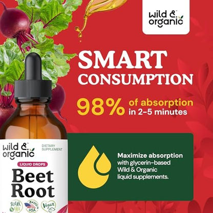 Wild & Organic Rote Bete Extrakt Tropfen - Energieunterstützung - Flüssige Rote Bete Nahrungsergänzung - 400 mg pro Portion - Mischbar mit Pulver - Vegan, Zucker- & Alkoholfrei - 118 ml