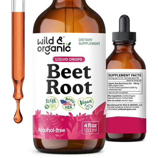 Wild & Organic Rote Bete Extrakt Tropfen - Energieunterstützung - Flüssige Rote Bete Nahrungsergänzung - 400 mg pro Portion - Mischbar mit Pulver - Vegan, Zucker- & Alkoholfrei - 118 ml