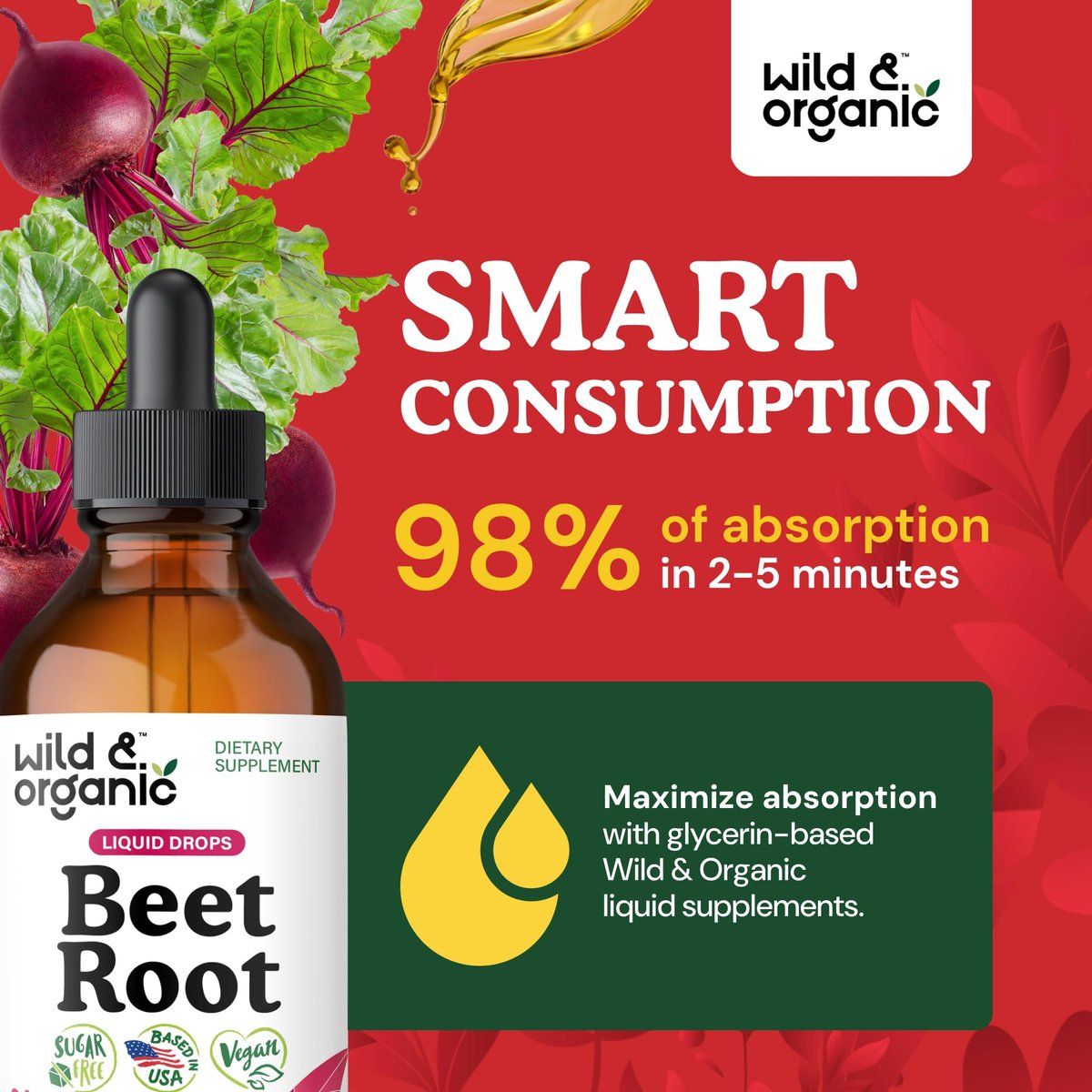 Wild & Organic Rote Bete Extrakt Tropfen - Energieunterstützung - Flüssige Rote Bete Nahrungsergänzung - 400 mg pro Portion - Mischbar mit Pulver - Vegan, Zucker- & Alkoholfrei - 118 ml