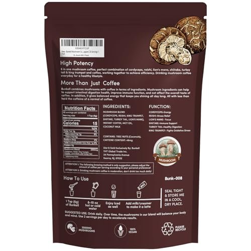 Bunkell Pilz-Kaffee, Adaptogene 6 Pilze mit Löwenmähne, Reishi, Cordyceps, Shiitake, Herkuleskeule & Truthahnschwanz, Instantkaffee-Pulver für Energie, Verdauung & Immununterstützung, 30 Portionen