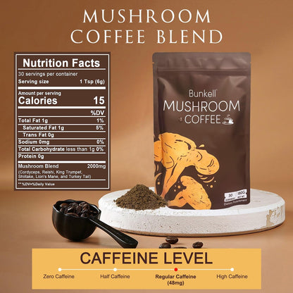 Bunkell Pilz-Kaffee, Adaptogene 6 Pilze mit Löwenmähne, Reishi, Cordyceps, Shiitake, Herkuleskeule & Truthahnschwanz, Instantkaffee-Pulver für Energie, Verdauung & Immununterstützung, 30 Portionen