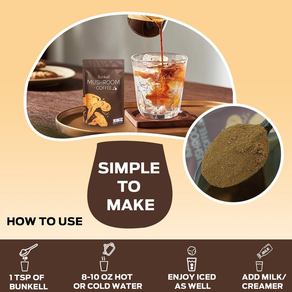 Bunkell Pilz-Kaffee, Adaptogene 6 Pilze mit Löwenmähne, Reishi, Cordyceps, Shiitake, Herkuleskeule & Truthahnschwanz, Instantkaffee-Pulver für Energie, Verdauung & Immununterstützung, 30 Portionen