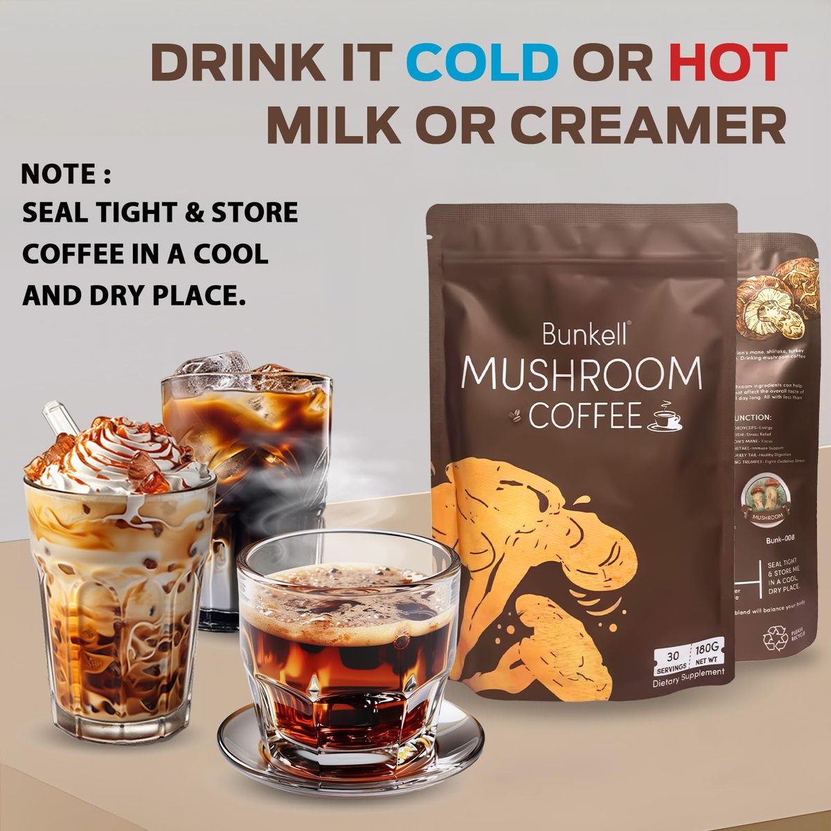Bunkell Pilz-Kaffee, Adaptogene 6 Pilze mit Löwenmähne, Reishi, Cordyceps, Shiitake, Herkuleskeule & Truthahnschwanz, Instantkaffee-Pulver für Energie, Verdauung & Immununterstützung, 30 Portionen
