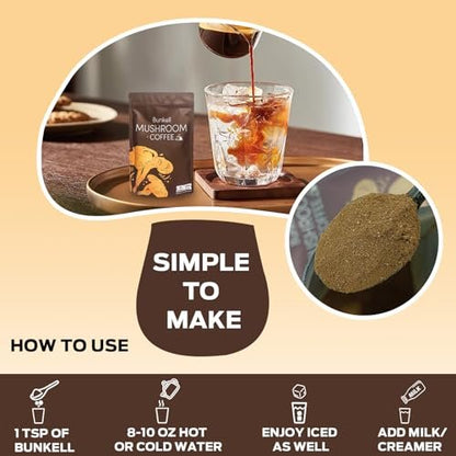 Bunkell Pilz-Kaffee, Adaptogene 6 Pilze mit Löwenmähne, Reishi, Cordyceps, Shiitake, Herkuleskeule & Truthahnschwanz, Instantkaffee-Pulver für Energie, Verdauung & Immununterstützung, 30 Portionen