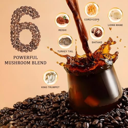 Bunkell Pilz-Kaffee, Adaptogene 6 Pilze mit Löwenmähne, Reishi, Cordyceps, Shiitake, Herkuleskeule & Truthahnschwanz, Instantkaffee-Pulver für Energie, Verdauung & Immununterstützung, 30 Portionen