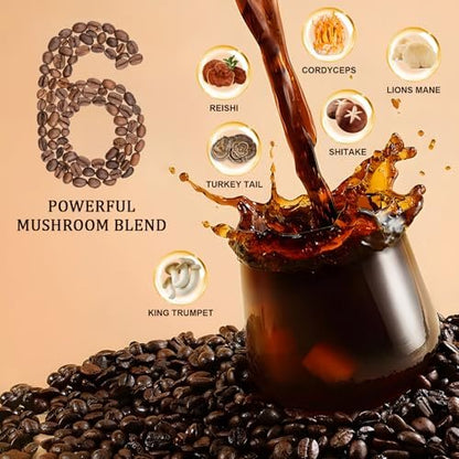 Bunkell Pilz-Kaffee, Adaptogene 6 Pilze mit Löwenmähne, Reishi, Cordyceps, Shiitake, Herkuleskeule & Truthahnschwanz, Instantkaffee-Pulver für Energie, Verdauung & Immununterstützung, 30 Portionen