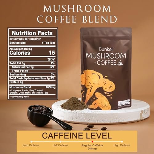 Bunkell Pilz-Kaffee, Adaptogene 6 Pilze mit Löwenmähne, Reishi, Cordyceps, Shiitake, Herkuleskeule & Truthahnschwanz, Instantkaffee-Pulver für Energie, Verdauung & Immununterstützung, 30 Portionen