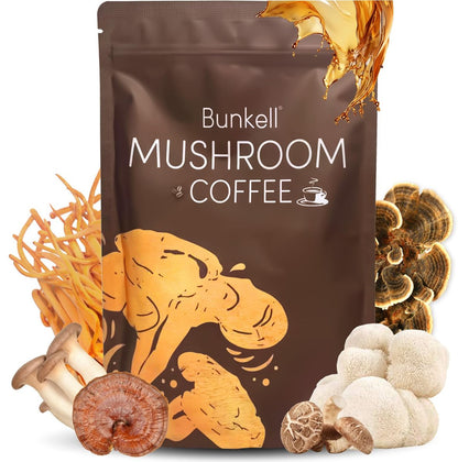 Bunkell Pilz-Kaffee, Adaptogene 6 Pilze mit Löwenmähne, Reishi, Cordyceps, Shiitake, Herkuleskeule & Truthahnschwanz, Instantkaffee-Pulver für Energie, Verdauung & Immununterstützung, 30 Portionen