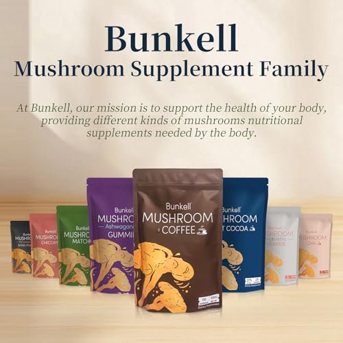 Bunkell Pilz-Kaffee, Adaptogene 6 Pilze mit Löwenmähne, Reishi, Cordyceps, Shiitake, Herkuleskeule & Truthahnschwanz, Instantkaffee-Pulver für Energie, Verdauung & Immununterstützung, 30 Portionen