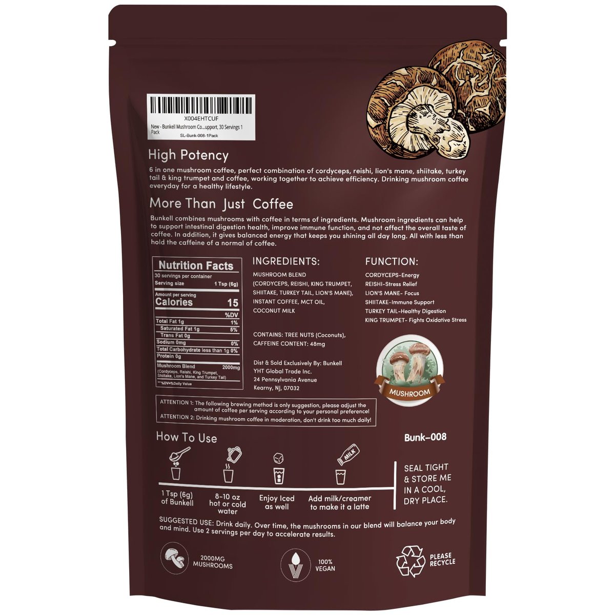 Bunkell Pilz-Kaffee, Adaptogene 6 Pilze mit Löwenmähne, Reishi, Cordyceps, Shiitake, Herkuleskeule & Truthahnschwanz, Instantkaffee-Pulver für Energie, Verdauung & Immununterstützung, 30 Portionen