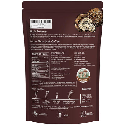 Bunkell Pilz-Kaffee, Adaptogene 6 Pilze mit Löwenmähne, Reishi, Cordyceps, Shiitake, Herkuleskeule & Truthahnschwanz, Instantkaffee-Pulver für Energie, Verdauung & Immununterstützung, 30 Portionen