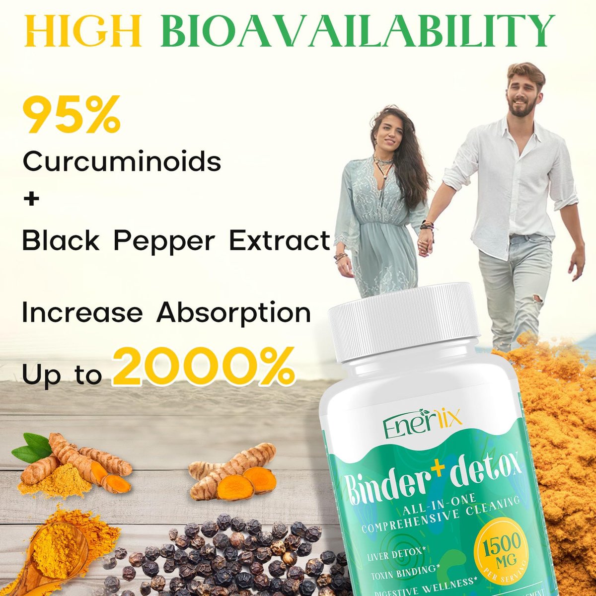 Enerlix 15-in-1 Detox Binder – Aktivkohle, Zeolith & Bentonit Ton, Chlorella, 1500 mg Entgiftungsergänzung maximal absorbierend, Leber-Gut-Darm-Reinigung, 90 vegane Kapseln