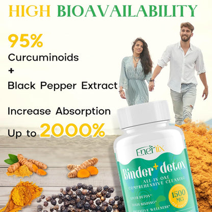 Enerlix 15-in-1 Detox Binder – Aktivkohle, Zeolith & Bentonit Ton, Chlorella, 1500 mg Entgiftungsergänzung maximal absorbierend, Leber-Gut-Darm-Reinigung, 90 vegane Kapseln