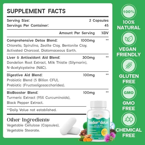 Enerlix 15-in-1 Detox Binder – Aktivkohle, Zeolith & Bentonit Ton, Chlorella, 1500 mg Entgiftungsergänzung maximal absorbierend, Leber-Gut-Darm-Reinigung, 90 vegane Kapseln