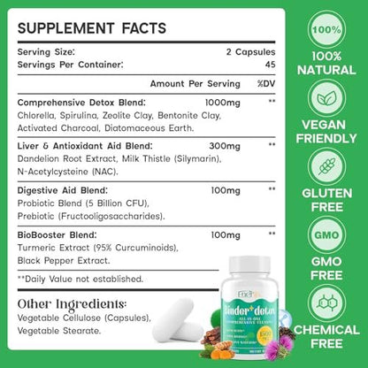 Enerlix 15-in-1 Detox Binder – Aktivkohle, Zeolith & Bentonit Ton, Chlorella, 1500 mg Entgiftungsergänzung maximal absorbierend, Leber-Gut-Darm-Reinigung, 90 vegane Kapseln