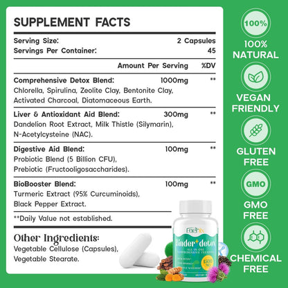 Enerlix 15-in-1 Detox Binder – Aktivkohle, Zeolith & Bentonit Ton, Chlorella, 1500 mg Entgiftungsergänzung maximal absorbierend, Leber-Gut-Darm-Reinigung, 90 vegane Kapseln