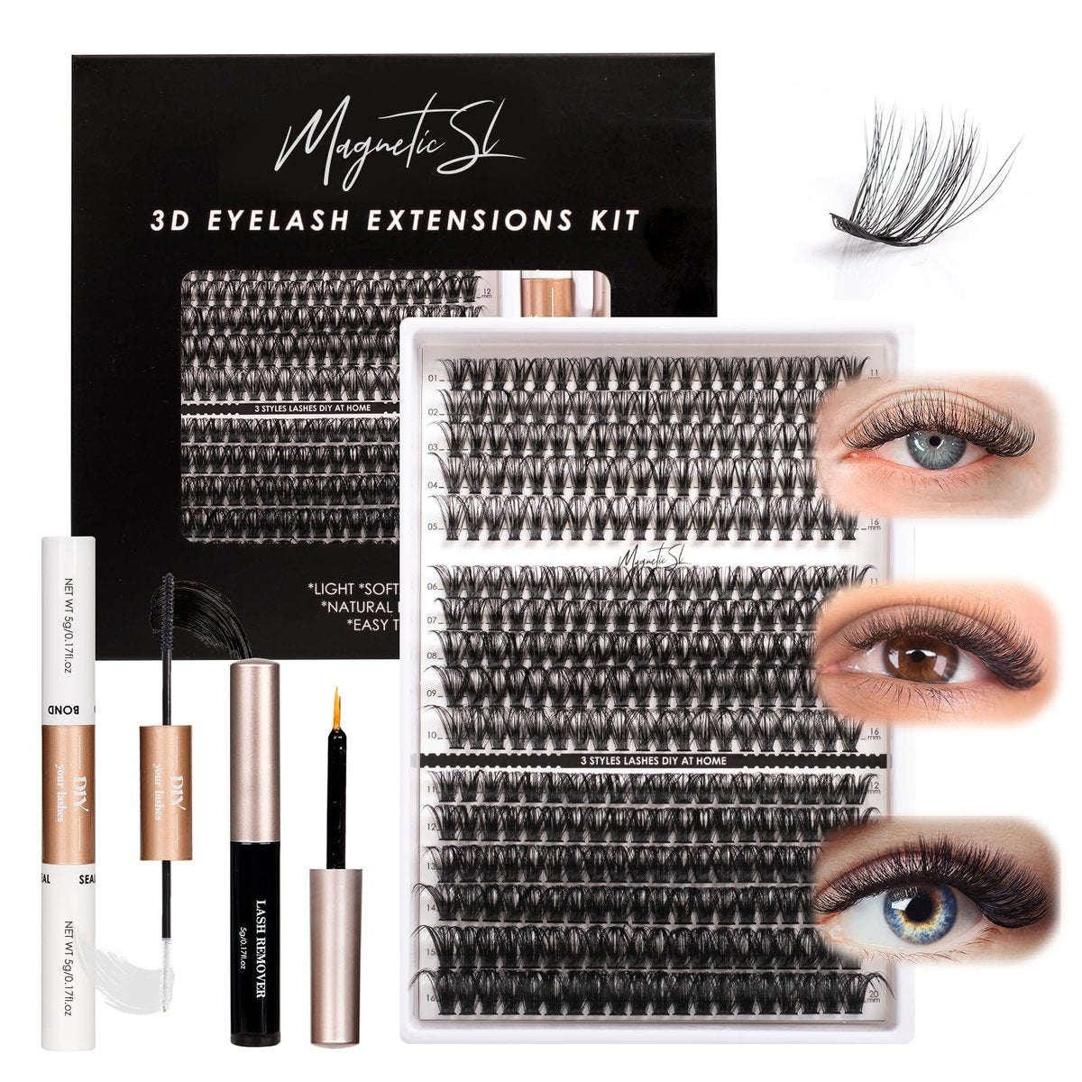DIY Wimpernverlängerung Set 320 Stück Einzelwimpern Cluster 40D 50D 100D Wimpernverlängerungskit mit Applikator und Lash Bond+Seal, Wimpernentferner für falsche Wimpern Mix 11-20mm (40D+50D+100D KIT)
