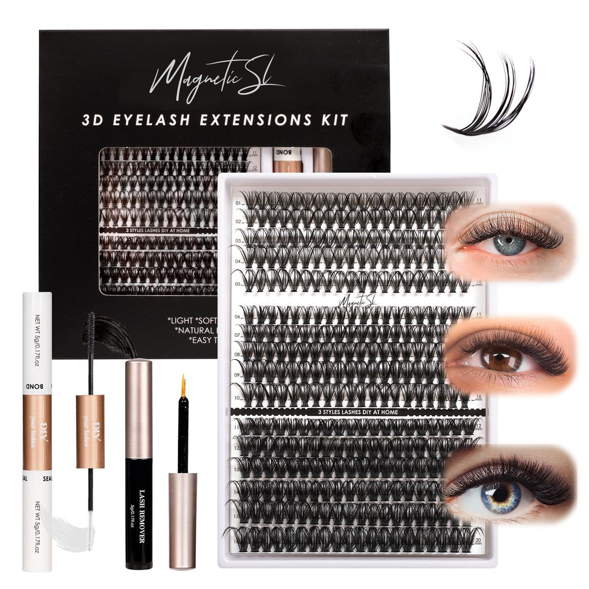 DIY Wimpernverlängerung Set 320 Stück Individuelle Wimpern Cluster 30D 40D 60D mit Applikator und Lash Bond & Seal, Wimpernentferner für falsche Wimpern Mix 11-20 mm (30D+40D+60D Set)