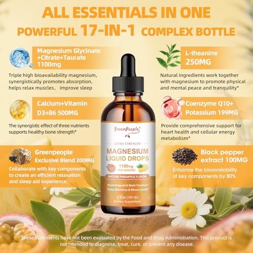 GREENPEOPLE Magnesium Glycinat Flüssig Tropfen - 17-in-1 Triple Magnesium Komplex mit Glycinat 400mg, Citrat 500mg, Taurat & L-Theanin für Ruhe, Muskeln & Schlaf - Ananasgeschmack, 118 ml