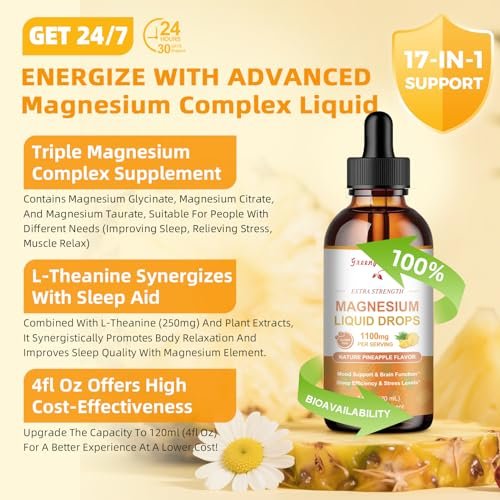 GREENPEOPLE Magnesium Glycinat Flüssig Tropfen - 17-in-1 Triple Magnesium Komplex mit Glycinat 400mg, Citrat 500mg, Taurat & L-Theanin für Ruhe, Muskeln & Schlaf - Ananasgeschmack, 118 ml