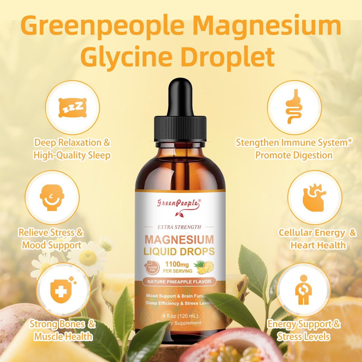 GREENPEOPLE Magnesium Glycinat Flüssig Tropfen - 17-in-1 Triple Magnesium Komplex mit Glycinat 400mg, Citrat 500mg, Taurat & L-Theanin für Ruhe, Muskeln & Schlaf - Ananasgeschmack, 118 ml
