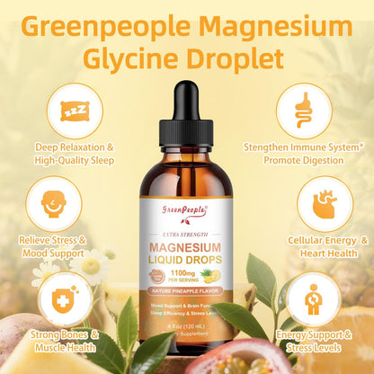 GREENPEOPLE Magnesium Glycinat Flüssig Tropfen - 17-in-1 Triple Magnesium Komplex mit Glycinat 400mg, Citrat 500mg, Taurat & L-Theanin für Ruhe, Muskeln & Schlaf - Ananasgeschmack, 118 ml