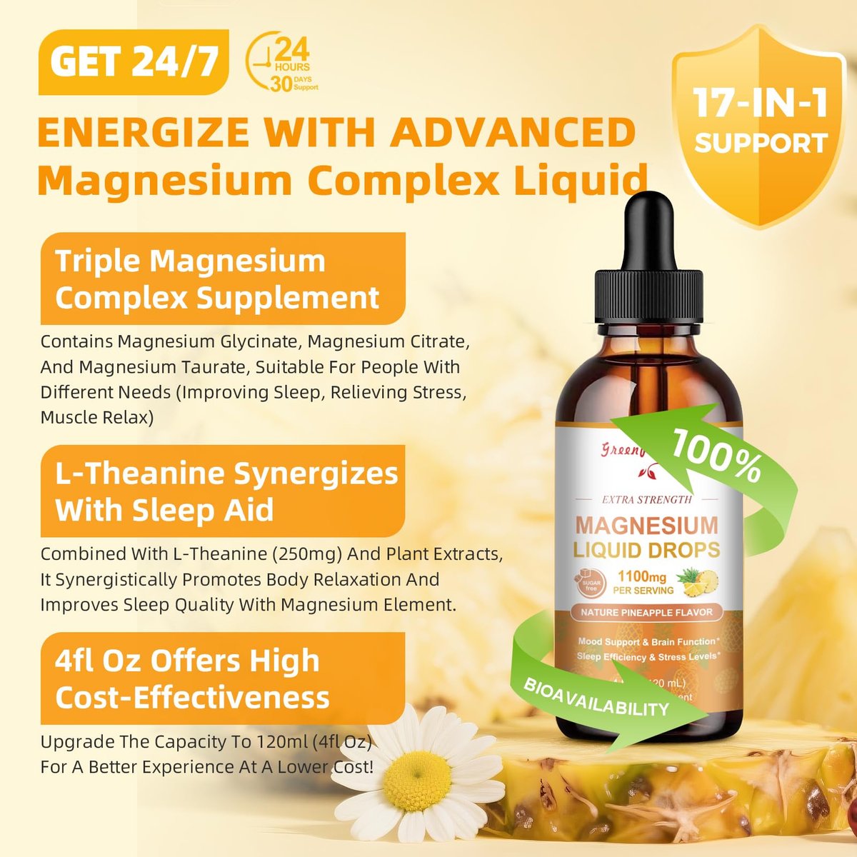 GREENPEOPLE Magnesium Glycinat Flüssig Tropfen - 17-in-1 Triple Magnesium Komplex mit Glycinat 400mg, Citrat 500mg, Taurat & L-Theanin für Ruhe, Muskeln & Schlaf - Ananasgeschmack, 118 ml